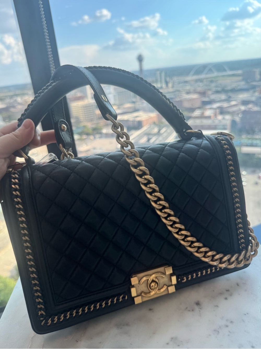 CHANEL Black Le Boy Lambskin Leather bag with handle, Gold Chain and Hardware